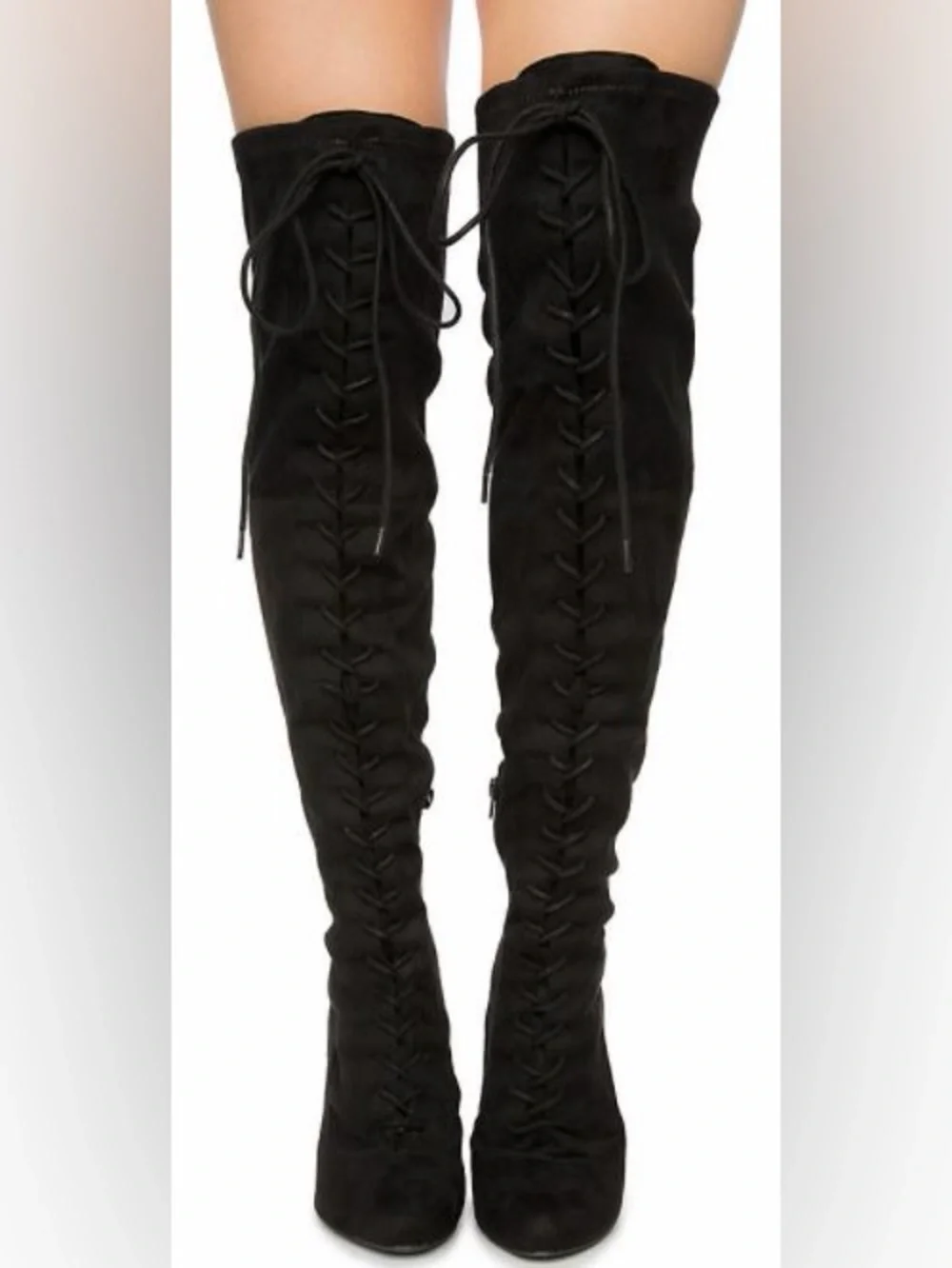 Wild DNA Black Faux Suede Lace Up Over The Knee Thigh High Stiletto Boots